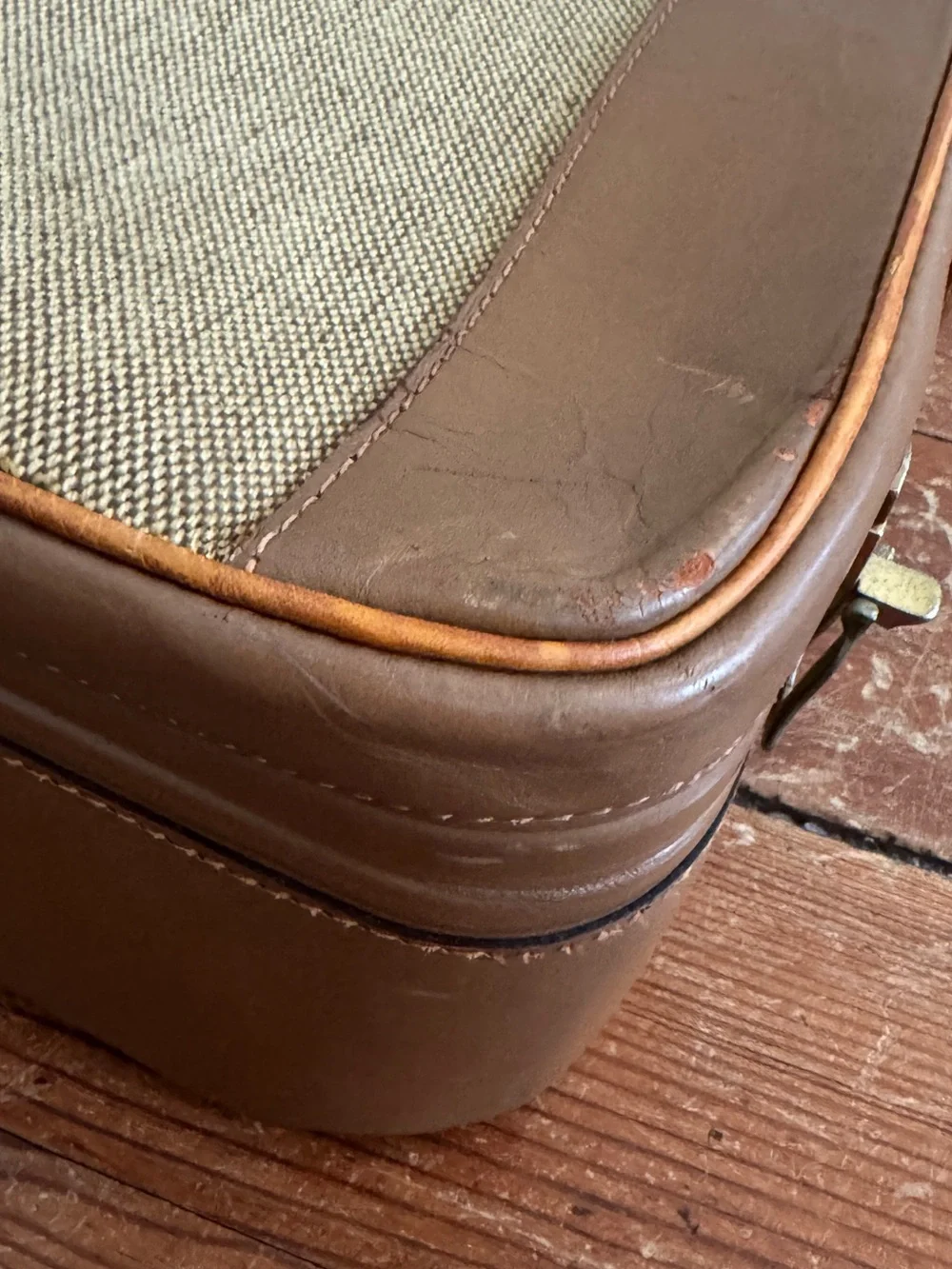 Vintage 60's Brooks Brothers Tan Leather Fabric Suitcase Luggage Combination